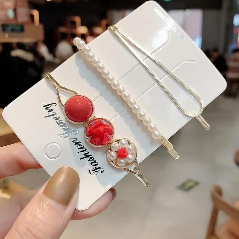 Korean Version of A Word Clip Set of Pearl Gravel Hair Clip Temperament Edge Clip Sweet Girl Heart Hair Ornament Female