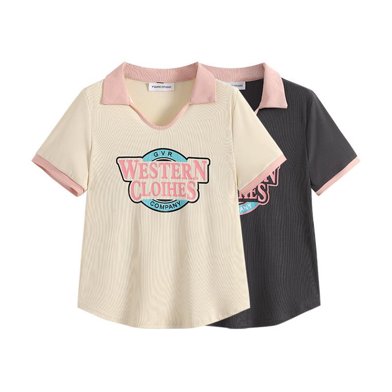 

Women s Plus Size Polo Collar Short Sleeve Letter Tee - Summer 2025 Trendy Loose Slimming Top 2XL [120-130 lbs] абрикосовый