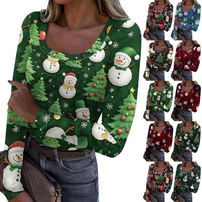 Women's Fashion Slim Bottom T-Shirt Christmas Printed U Neck Pullover Long Sleeve Top