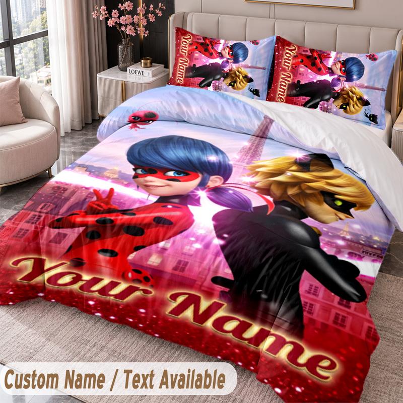 Custom Name Text 3Pcs Bedding Set Miraculous Ladybug Duvet Cover And Two Pillowcases