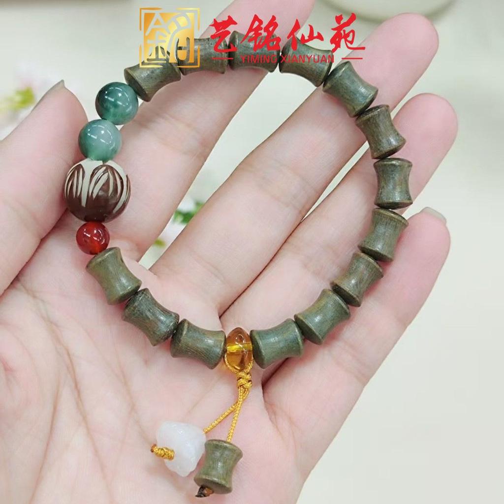 Yi Ming Xian Yuan Lotus Pod Green Sandalwood Beaded Bracelet | Bamboo Joint Design | New Chinese Couple Style Prayer Bracelet