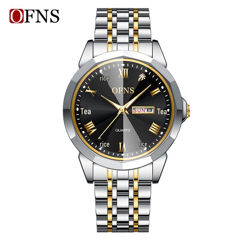 Retro Roman Numeral Double Calendar Quartz Couple Watch with Solid Steel Band, Waterproof Design for Men and Women.
