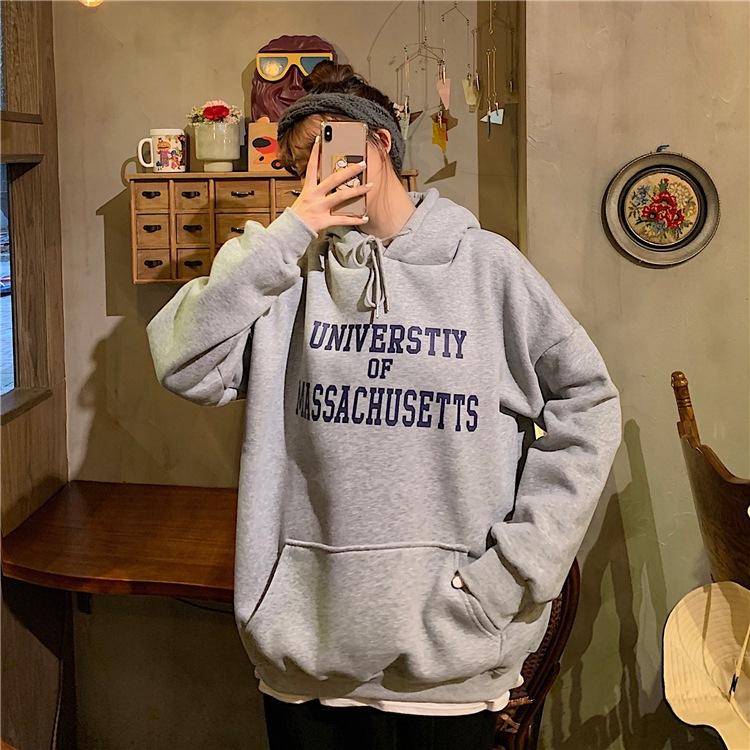 Women Warm Soft Hoodies Padded Sweater Female College Style Loose Medium-length Letters Printed Casual Wildcard Retro Simple Literary Long-sleeved