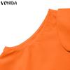 VONDA Women Summer Round Neck Sleeveless Solid Color Loose Blouse