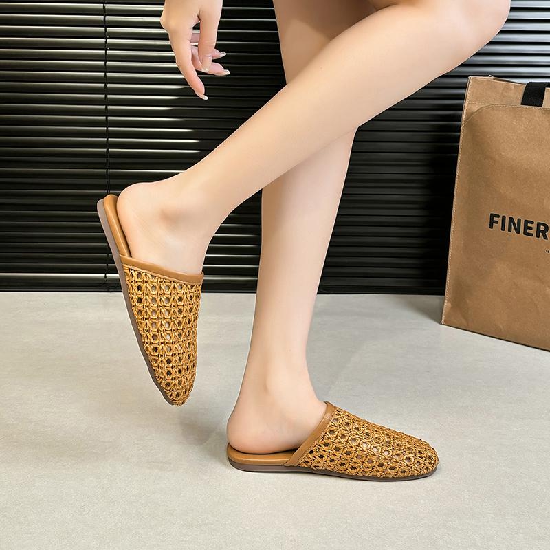 Fashion Women Mesh Slippers Low Heels Hollow Sandals Woman Mules Shoes Square Toe Summer 2025 New Trend Casual Dress Beach Slides Mujer