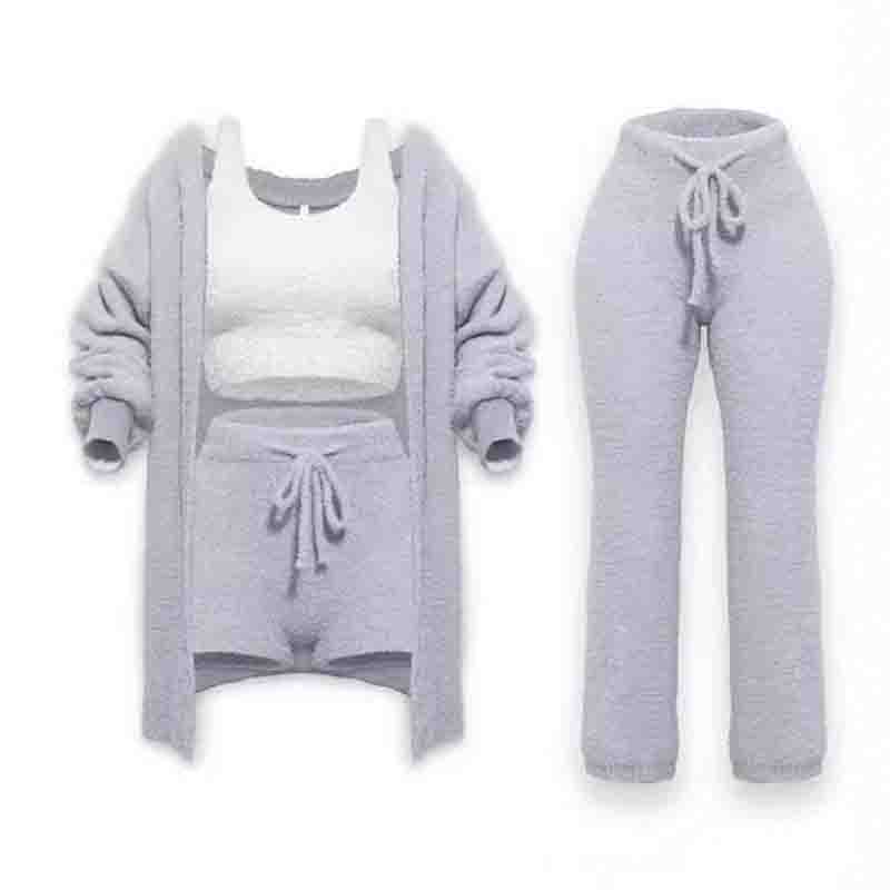 Damen Flauschige 4-teilige 4 Pe Outfits Rundhals Crop Tanktops Langarm Fleece Warm Kapuzen-Cardigan Shorts Set Loungewear