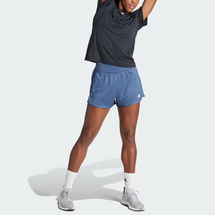 Adidas Pacer Essentials Knit Shorts Solid Logo Elastic Waist Straight Leg Sports Shorts Women Shorts Legendary-Ink-Blue IR6239