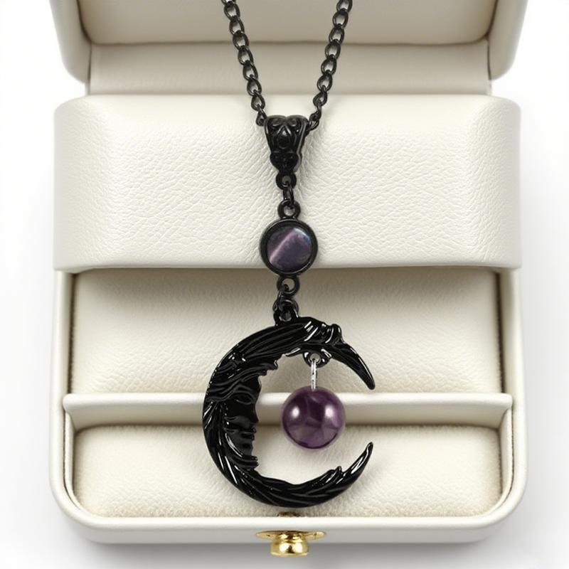Gothic Creative Face Black Crescent Moon Purple Zircon Pendant Necklace For Women Hallowmas Charm Jewelry Gifts