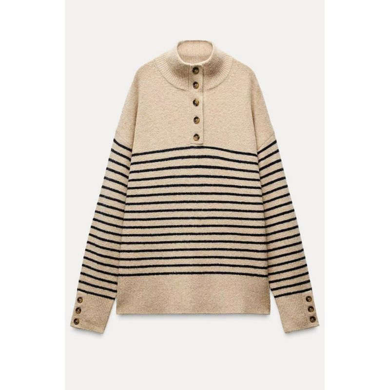 

Fashion Wind Fashion Stripes Stand Collar Long Sleeves Sweater Casual Sweater Knitted Striped Sweater Light apricot + Black L