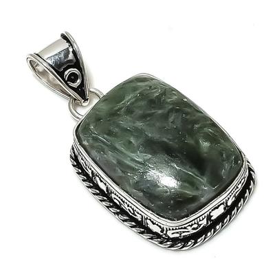Natural Seraphinite Gemstone Handmade 925 Sterling Silver Pendant 1.97" Z7R70