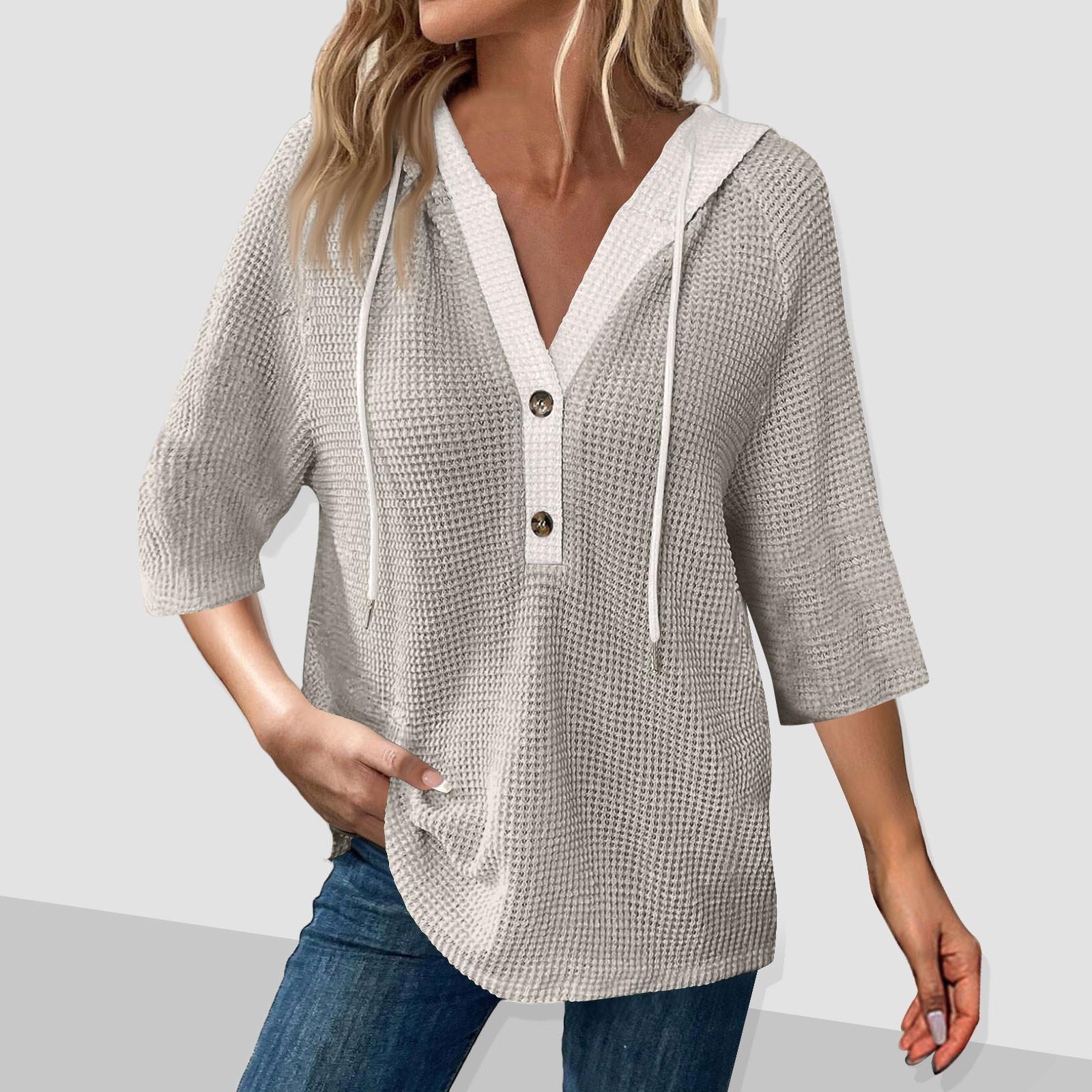 

Женская мода цвет блок рукава капюшон пуговицы V-образный вырез повседневный капюшон толстовка топ XXL