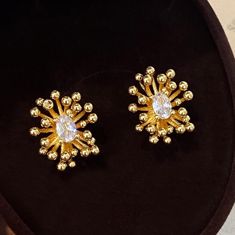 PONYKISS Sterling Silver 18K Gold Zircon Fireworks Flower Stud Earrings for Women Cute Fine Personality Accessories