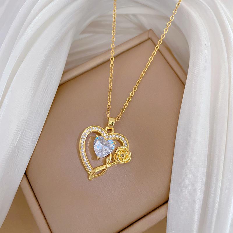 Liebe Rose Licht Luxus Temperament Wunderschöne Voll Diamant Halskette Weiblich Vielseitige Schlüsselbeinkette Titanstahlkette