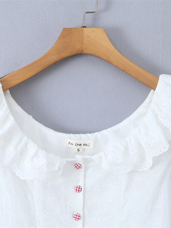 Chemise Blanche à Manches Bouffantes et Col en Dentelle - Haut Rétro pour Femme à Boutonnage Simple, Brodé et Cintré à la Taille