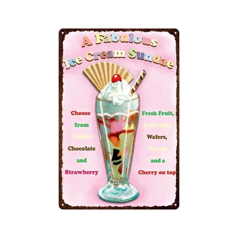 Metal Plate Tasty Cute Ice Cream Sundaes Milk Shake Painting Iron Tin Sign Wall Art Pictures For Kitchen Dessert Shop Home De