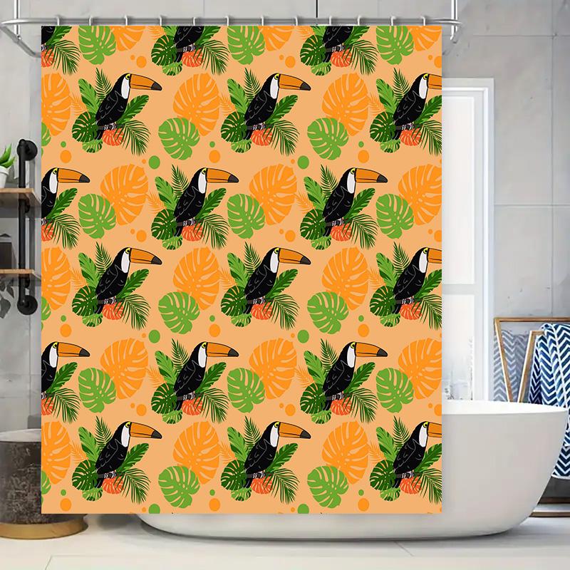 

Tropical Toucan Palm Leaves Shower Curtain, Retro Vintage Bathroom Decor, Customizable Waterproof Fabric Modern Home Decoration W60H190(CM)-1 Pcs