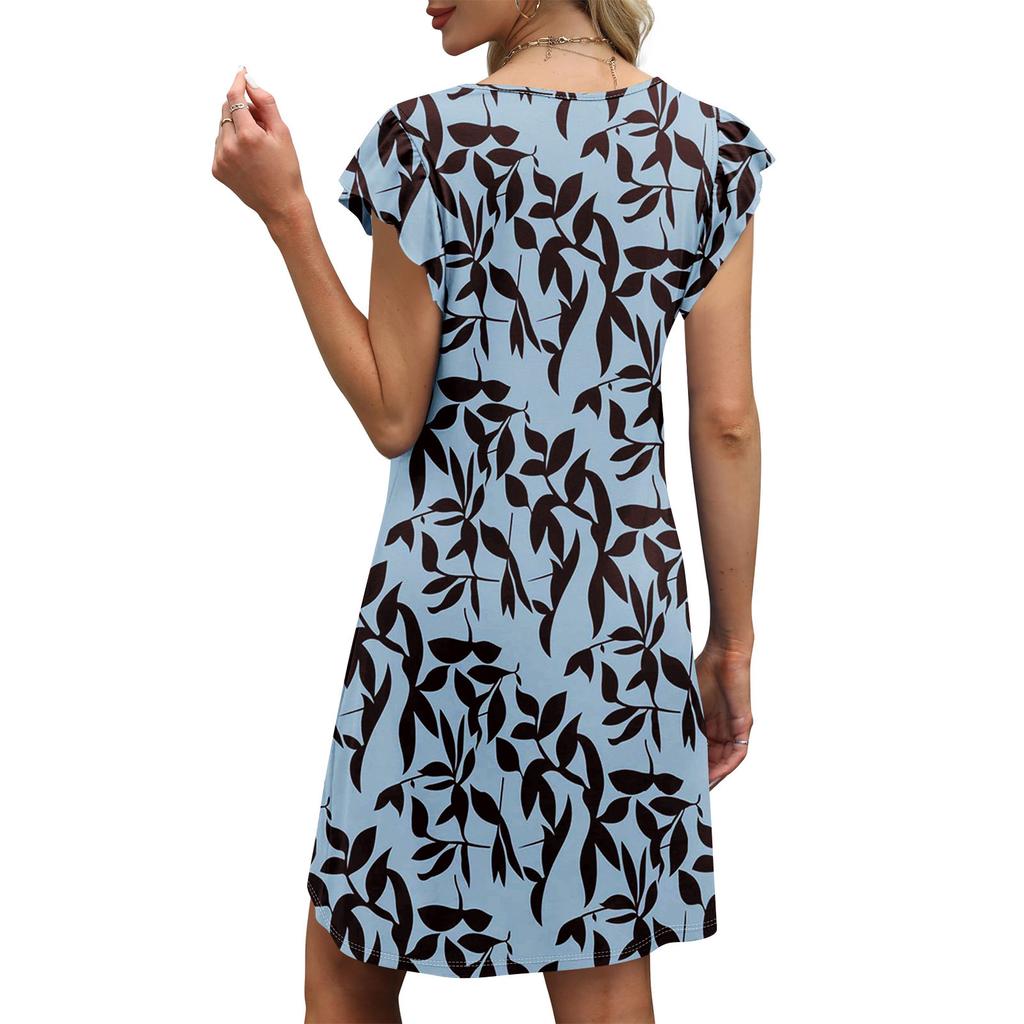 Abito Estivo da Donna Manica a Volant Scollo a V Abiti Corti Moda Casual Ampio A Linea Svasato Abito da Sole con Tasca