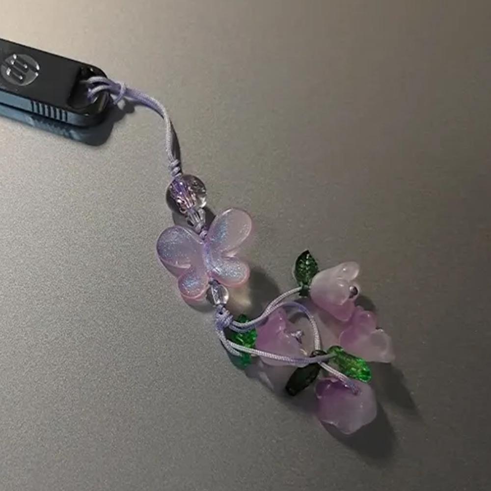 Fairy Style Butterfly Lily Bell Glass Beaded Phone Charm Handmade Aesthetic Vintage Style Lanyard Pendant for Girls