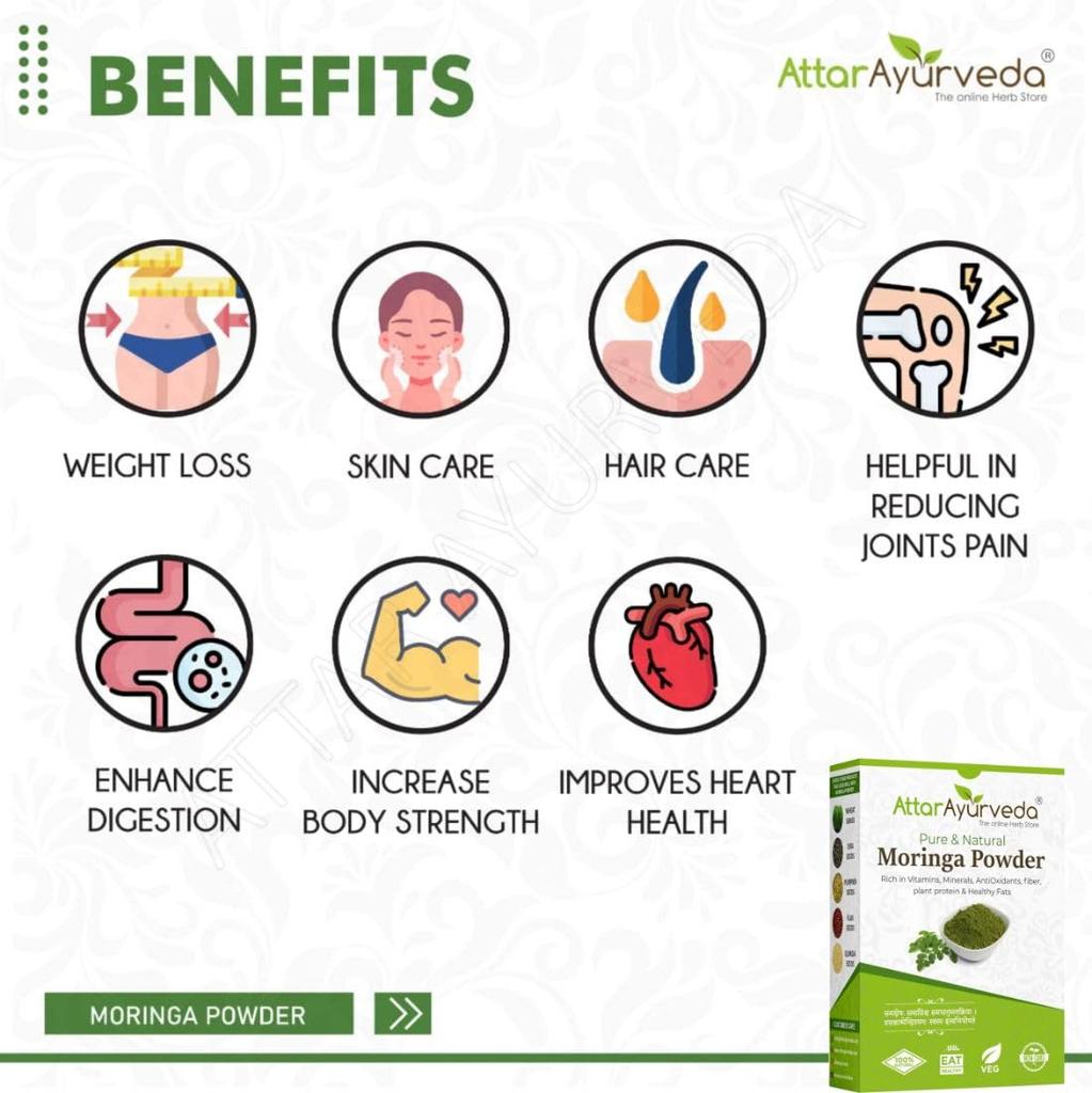 Attar Ayurveda Moringa Leaf Powder 200 g Drumstick Leaf Powder Natural Plant Protein Superfood Hair Skin Wellness