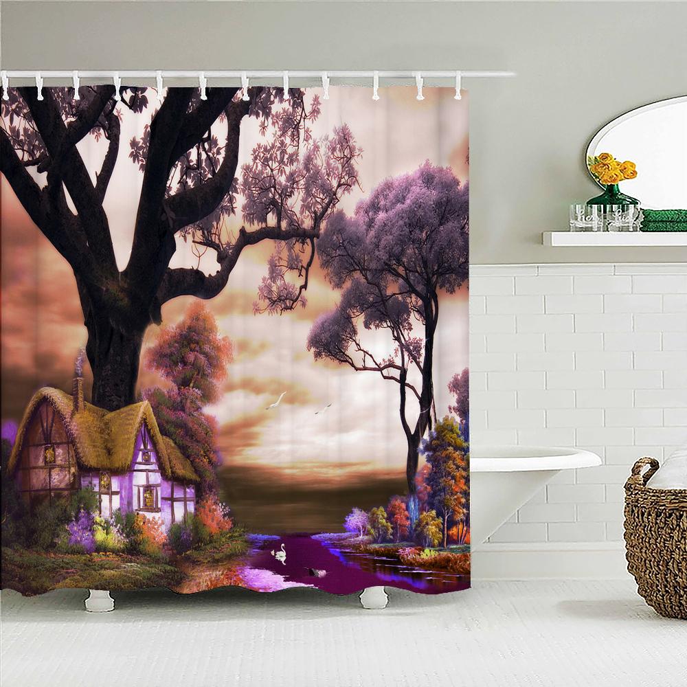 

Fairy Tale Dream Forest Garden Shower Curtain Waterproof Fabric Bathroom Curtains Oil Painting Landscape Bath Screens With Hooks W60H190(CM)-1 Pcs