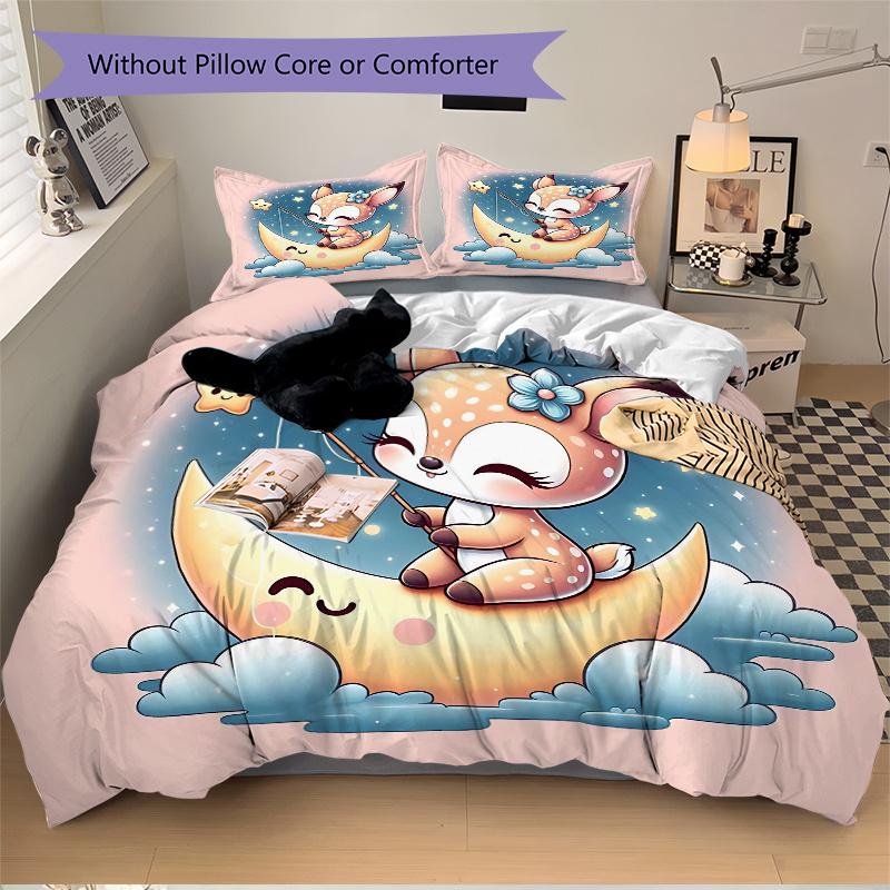 3pcs Little Sika Deer & Moon Printed Bedding Set, Soft and Comfortable Quilt Cover for Bedroom, Guest Room (1 Duvet Cover + 2 Pillowcases, P