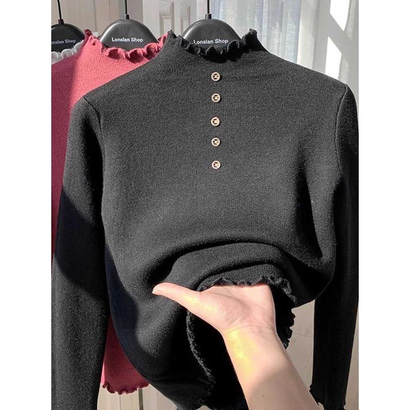 Fleece Sweater Women's Thick Fungus Edge Integrated Fleece Knitted Bottoming Shirt with Autumn and Winter Semi-turtleneck Thermal Top