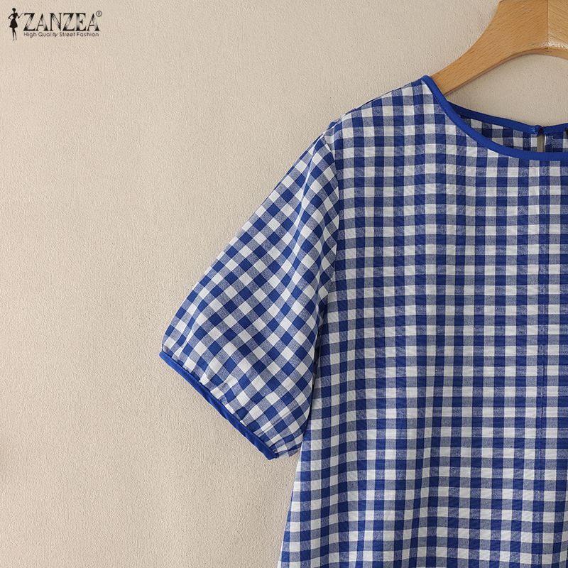 ZANZEA Women Grid Print Casual Round Neck Loose Short Sleeve Blouse