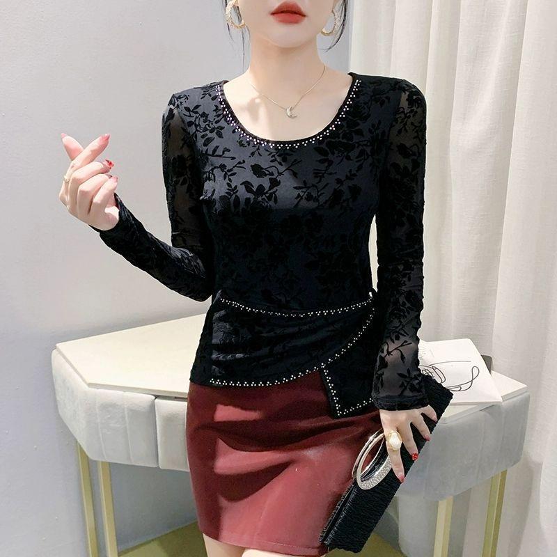 New Long Sleeve Striped Flocking T-shirt Women's O-Neck Hot Diamonds Tees Fashion Irregular Elastic Slim Tops Shirts