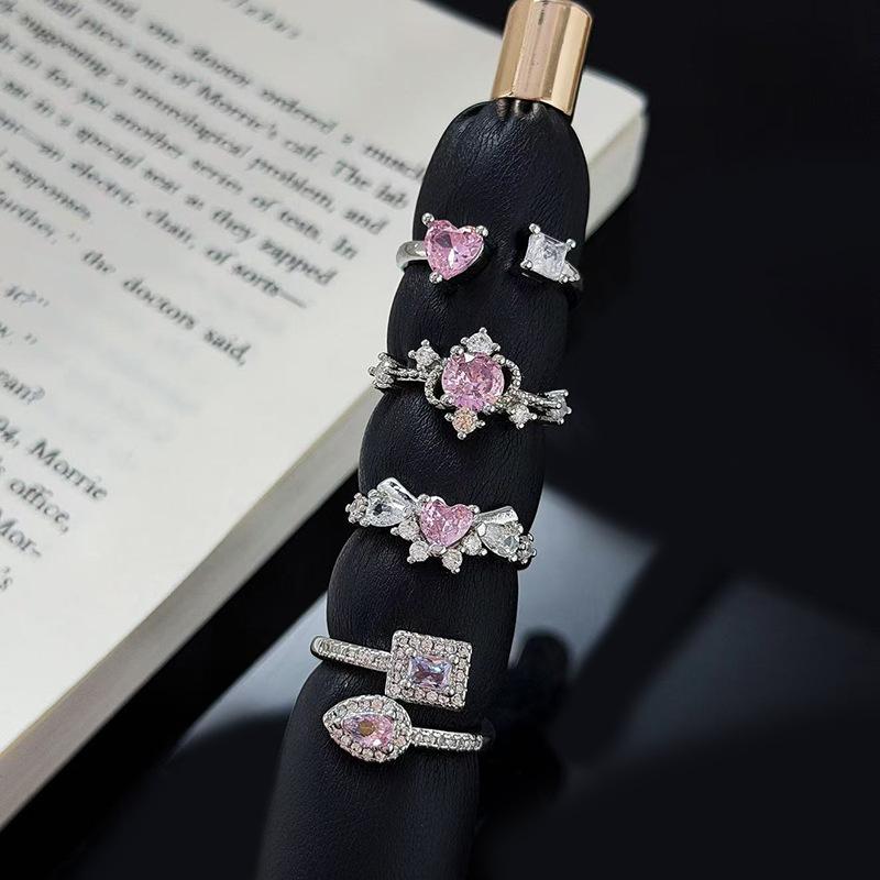Sweet Crit Pink Zircon Love Open Ring Light Luxury High-End Niche Design Stacked Ring Woman