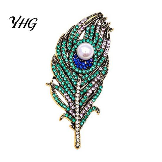 Tüy Tasarımlı İğne Vintage Tavus Kuşu Broşu, Sahte İnci Rhinestone Yaka Retro Takı İğnesi, Düğün Partisi Mezuniyet Partisi İçin Giyim Aksesuarları Broş