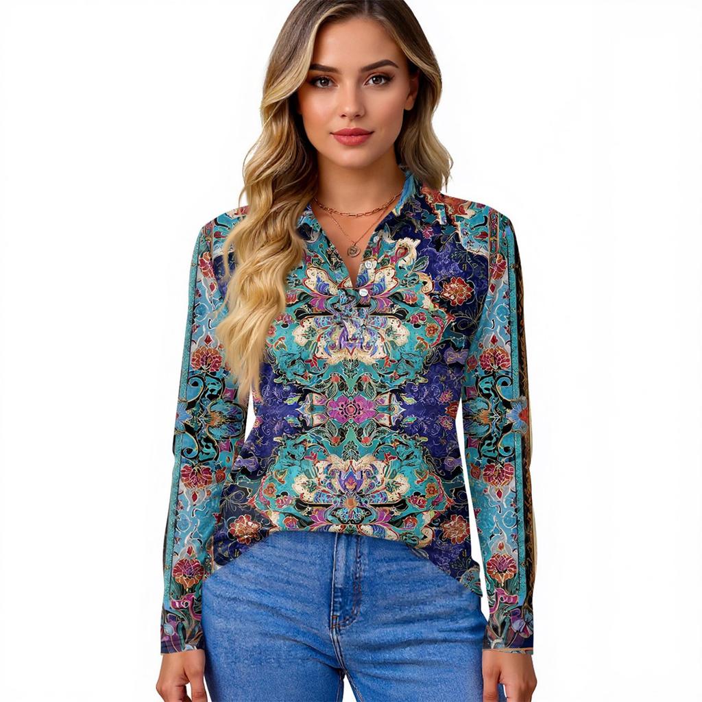 Dame Mote Casual Revers Kortermet Langermet Print Skjorte Dame Knapper Opp Topper