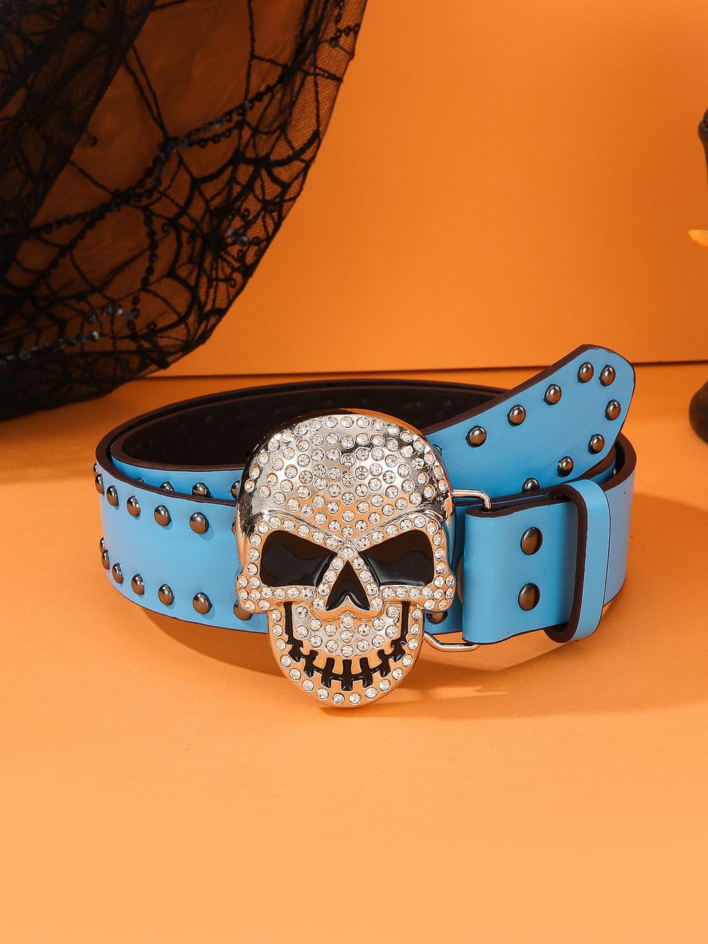 

Skull Design Pu Leather Belt With Metal Buckle For Punk Style Youth Fashion BlueSkeleton