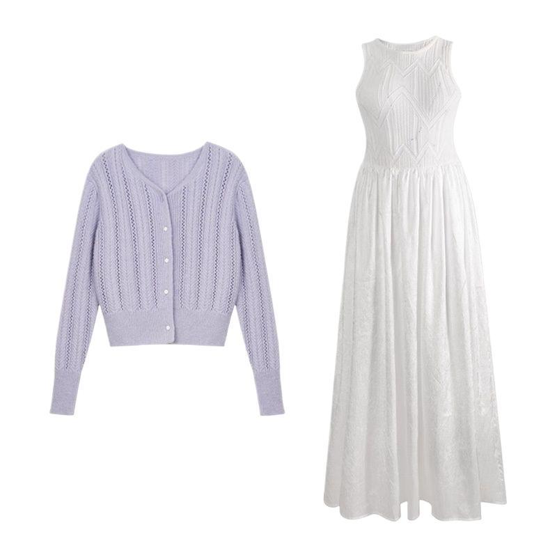 Französischer Teepause Frühling Strick Cardigan & Weißes Weste Langes Kleid Set für Damen - Altersreduzierendes Sommer Zweiteiliges Outfit