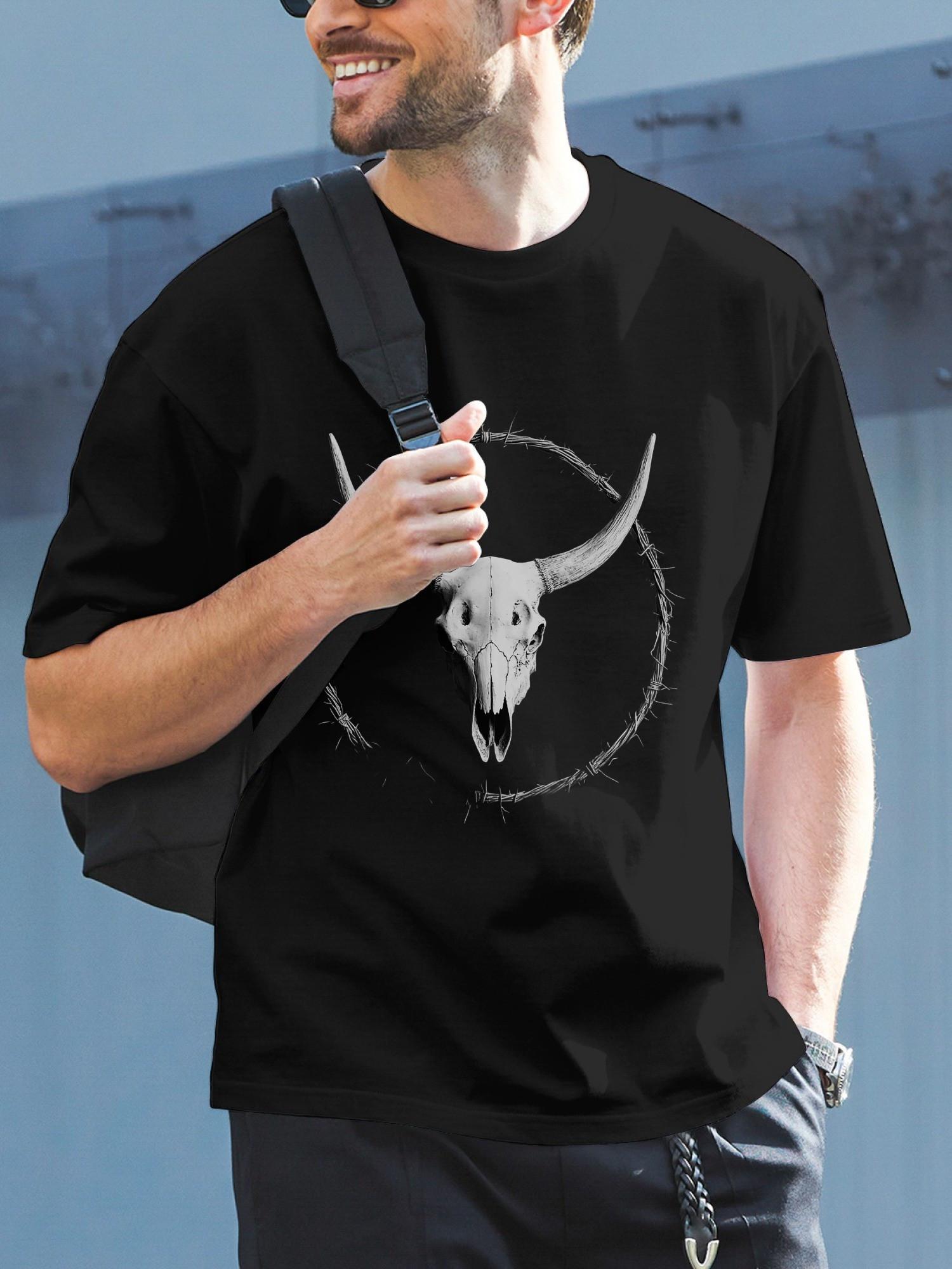 1pc Black Longhorn Skull & Barbed Wire Graphic T-shirt - 180g Cotton L
