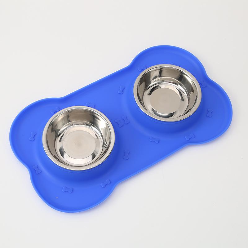 Bone-Shaped Non-Slip Silicone & Stainless Steel Dog Feeding Bowl - Food Grade, Anti-Spill Double Bowl for Pets