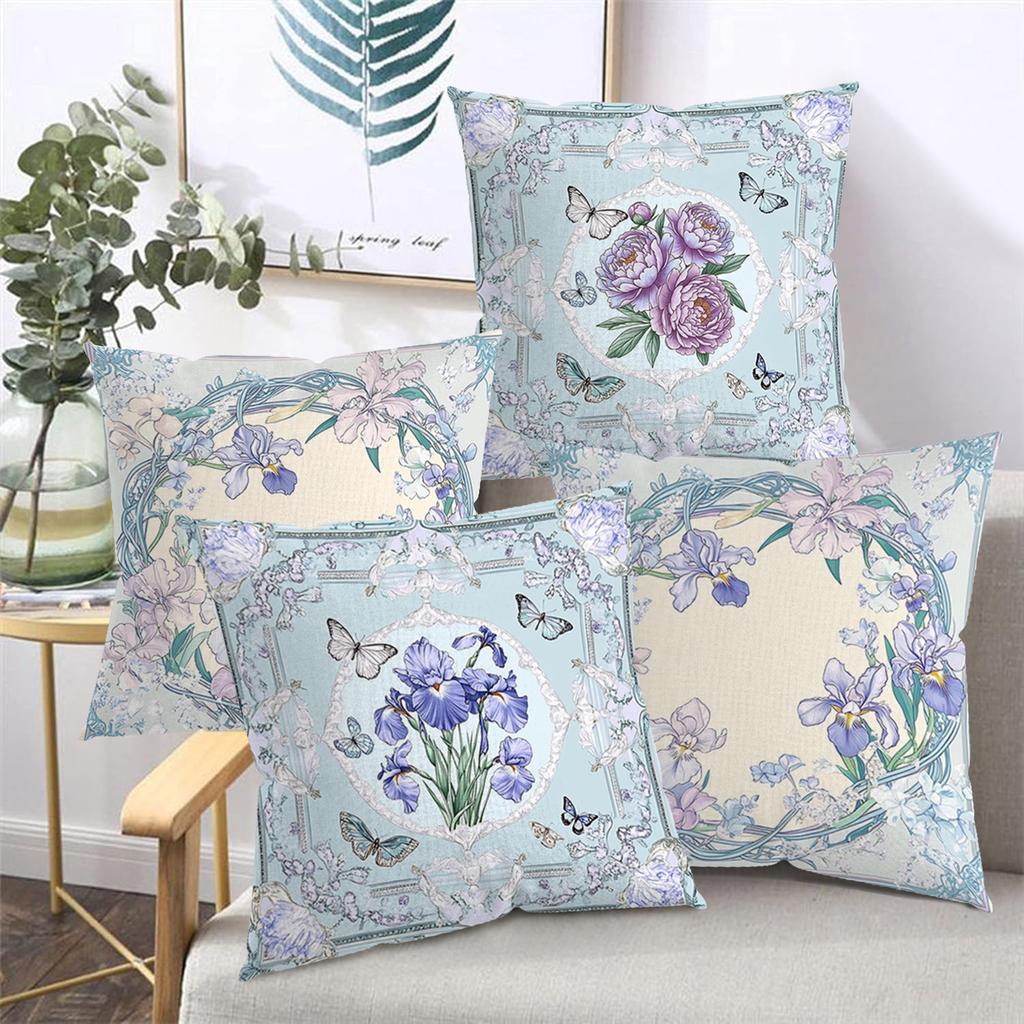 2D flat printing Floral Patterned Throw Pillows With Butterfly Design Polyester pillowcase, sofa decorative cushion cov