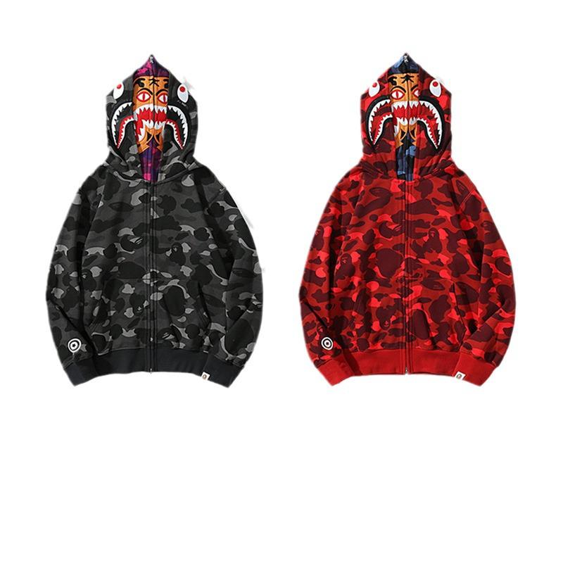 Camouflage Shark Tiger Head Double Hoodie Men's Winter Plush Zipper Jacket
