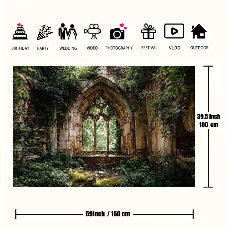 2D Abandoned Cathedral Archway Covered in Ivy and Moss Party Backdrop