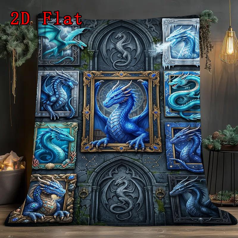 Blue Dragon Compilation 2D Flat Pattern Flannel Blanket, High Quality All Seasons, Home Decor, Warmth and Comfort, Perfect for Christmas Gifts.