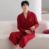 Nightgown Men'S Spring And Autumn Pure Cotton Long-Sleeved Red Bathrobe Men'S Large-Size Bathrobe Loungewear