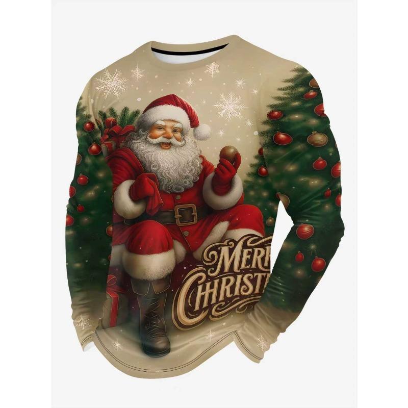 Christmas Elements Santa Claus 3D Printing Men's Spring Autumn Tops T-shirts Fashion Versatile Loose Breathable Long Sleeve O-neck T-shirt Casual