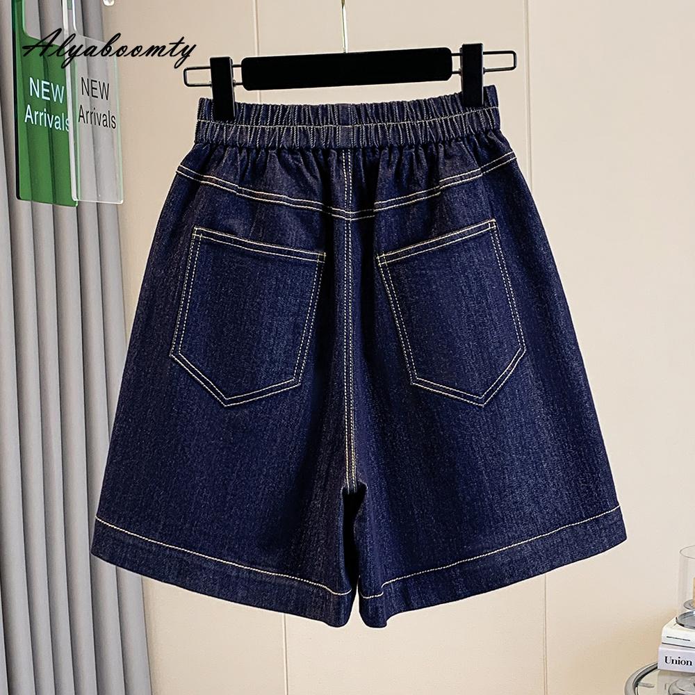 Korean Style Summer Women Basic Shorts High Waist Bow Stylish Blue Denim Straight Shorts Casual Loose Plus Size Streetwear Ladies' Shorts XL-5XL