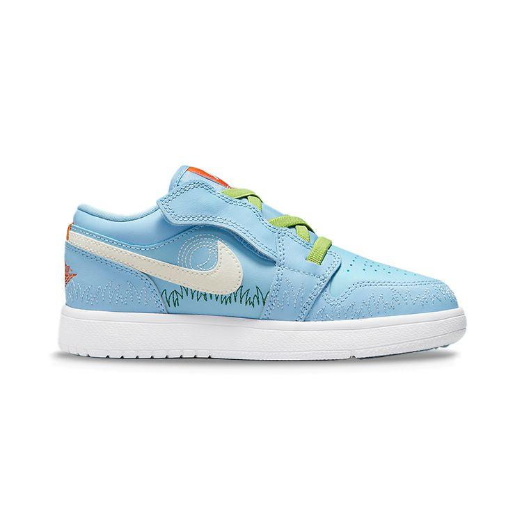 Air Jordan 1 Low SE PS Blue Stitch Kids Sneakers Psychic-Blue Vivid-Green Safety-Orange DR9500-400