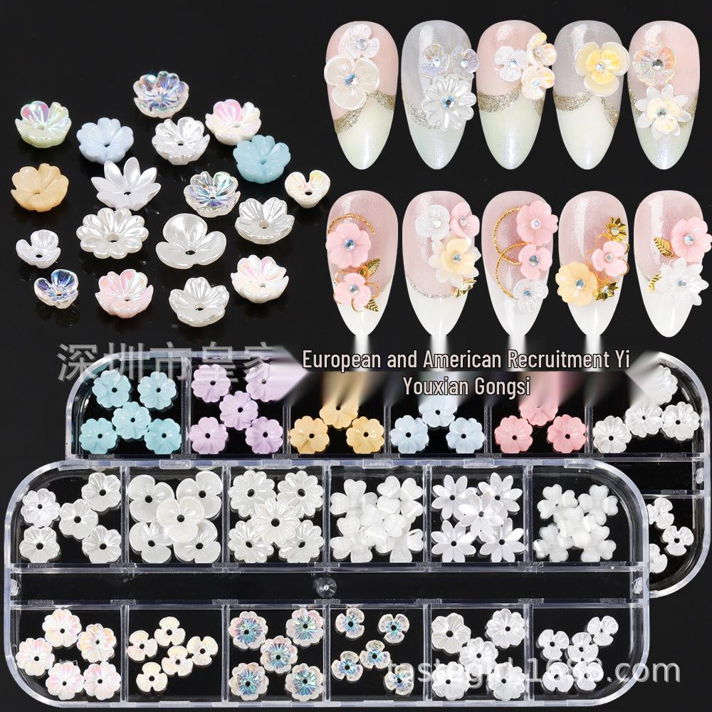 60 Pcs Japanese Fresh Style 3D Nail Art Decorations: Shell, Glass, and Five-Petal Flowers