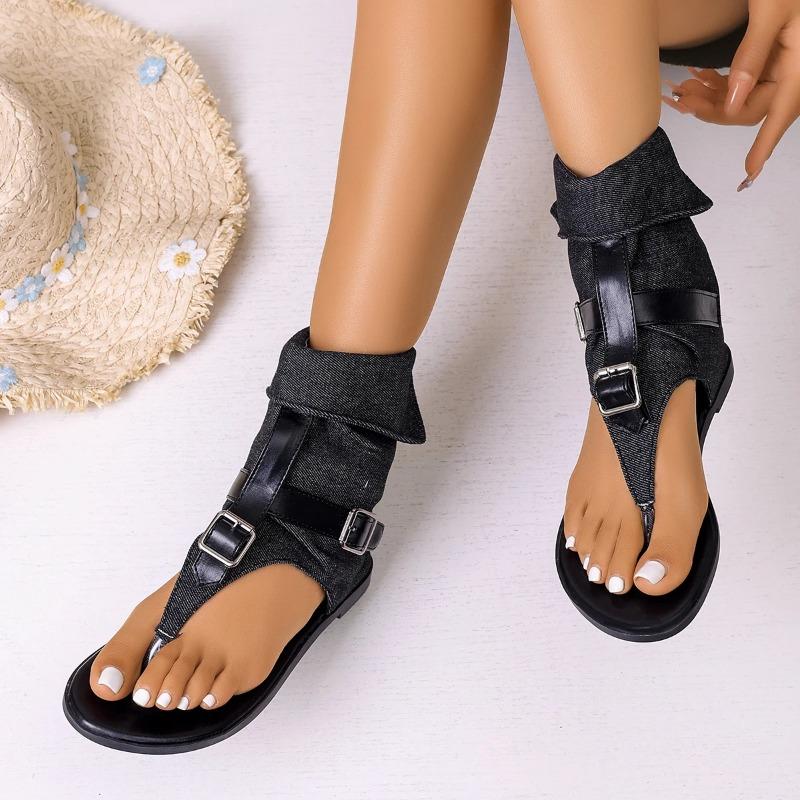 Round Toe Clip Toe Roman Sandals 2026 New Denim Metal Buckle Soft Sole Non-Slip Plus Size Summer High Top Boots