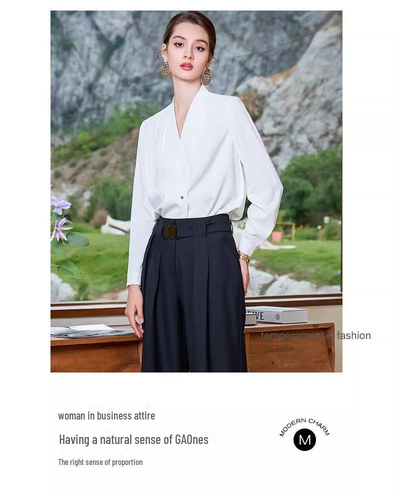 Stylish Long-Sleeve French White Top with Wide-Leg Pants Two-Piece Set for Women