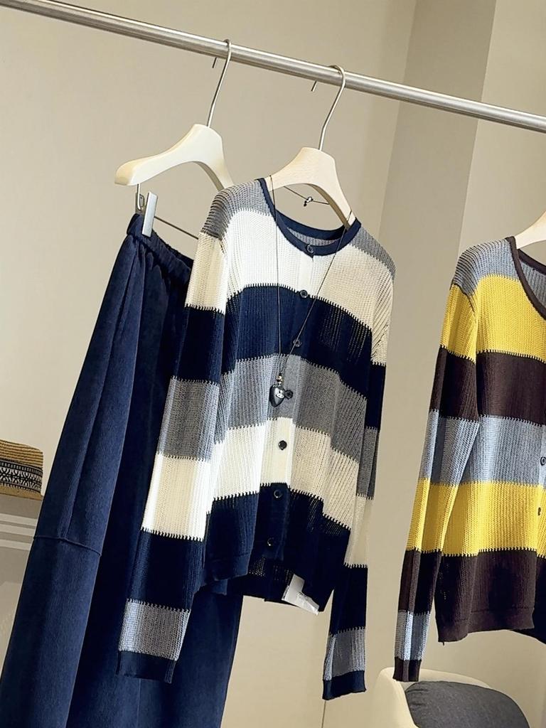 Women's Retro Hong Kong Color Block Striped Sweater: Cozy Autumn/Winter Knitted Cardigan