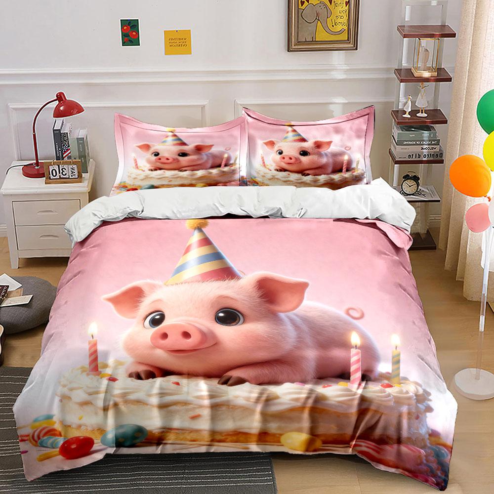 Cute Birthday Pig Decoration Set Soft Comfortable Duvet Cover Bedding Set Included 1*Duvet Cover & 2*Pillowcases, Gift