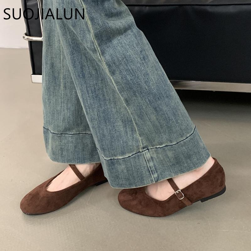 Fashion SUOJIALUN Autumn Women Flat Shoes Fashion Candy Color Ladies Round Toe Mary Jane Shoes Soft Sole Shallow Slip On Ballerinas Shoe