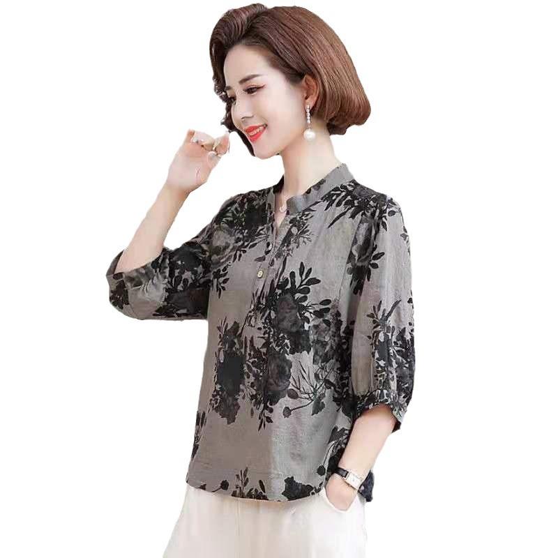 2025 Summer Dress Foreign-style T-shirt Fashion Middle-aged Women's Five-sleeve Cotton Blouse